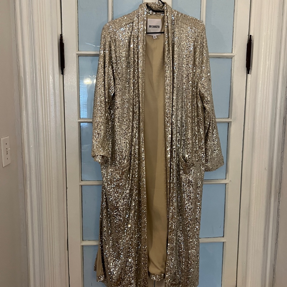 Anthropologie Silver Sequin Duster w/Pockets